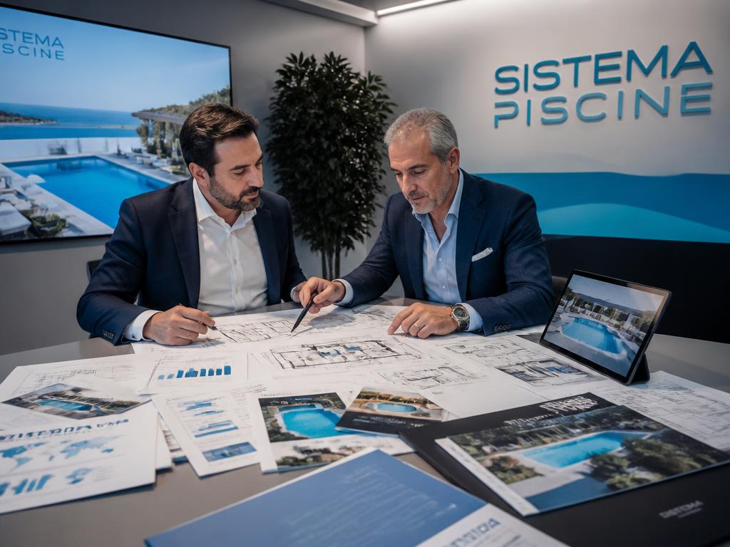 Due imprenditori di Sistema Piscine decidono la strategia davanti a tavoli pieni di progetti e render di piscine