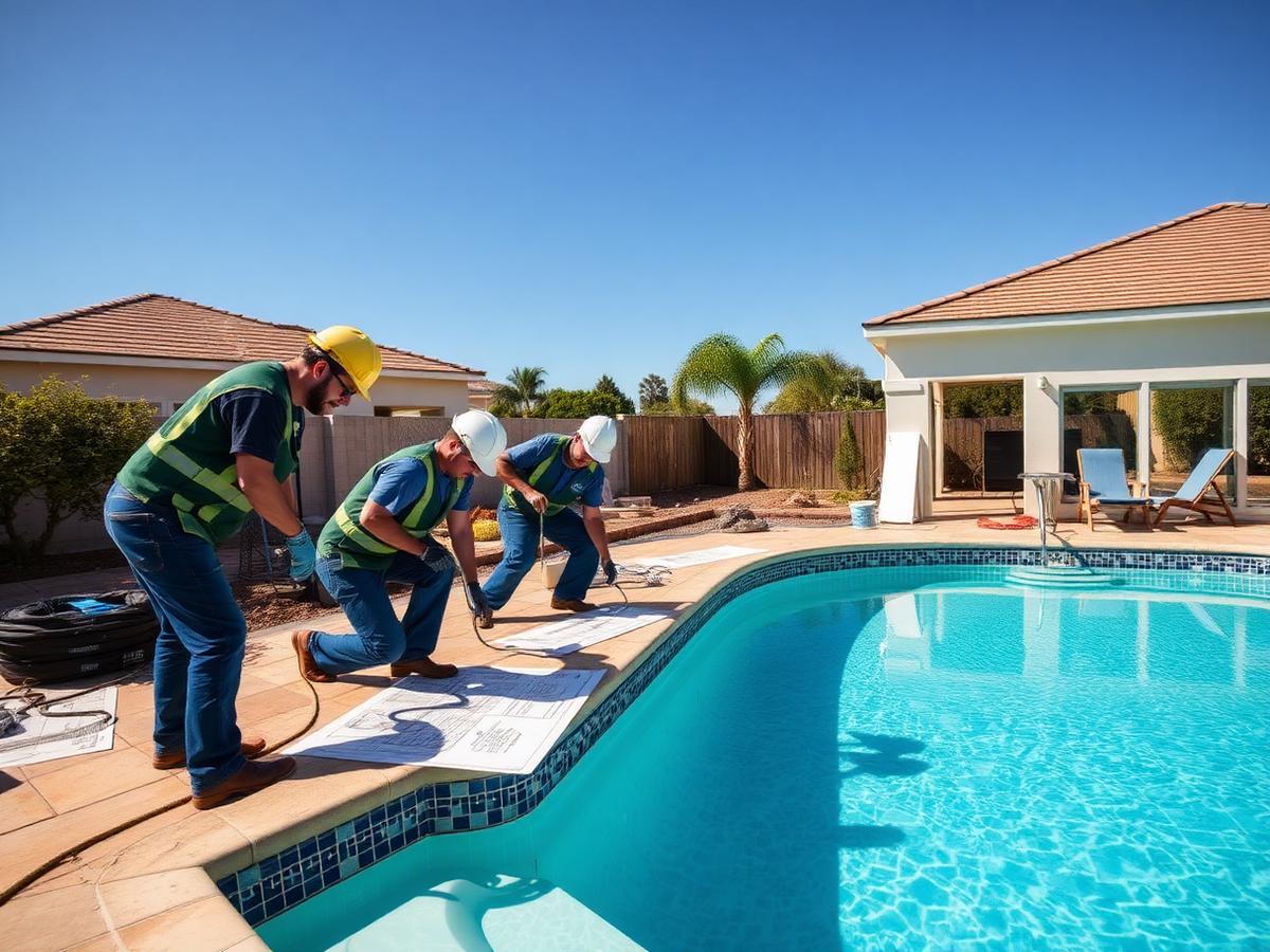 Tecnici al lavoro sul cantiere di una piscina