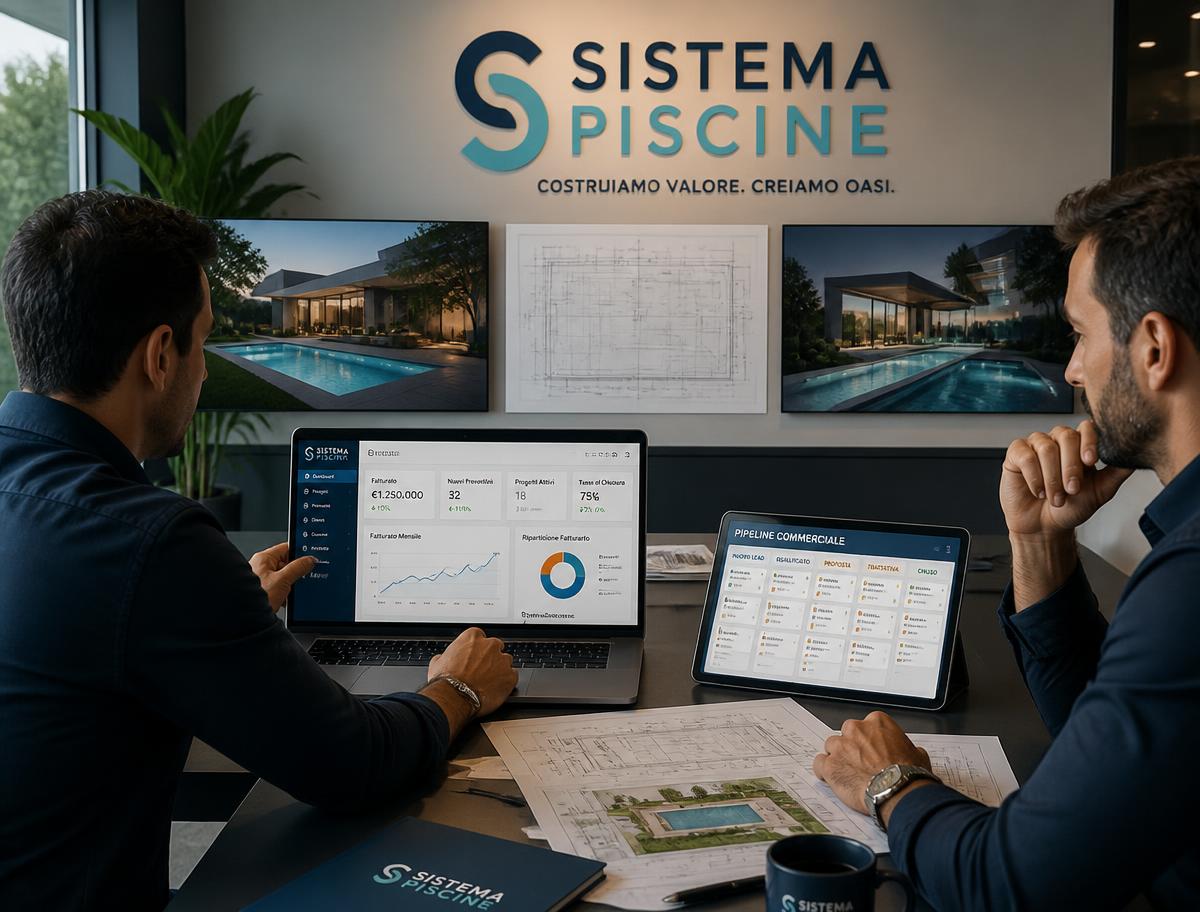 Due imprenditori in affiancamento settimanale con dashboard, pipeline commerciale e progetti di piscine