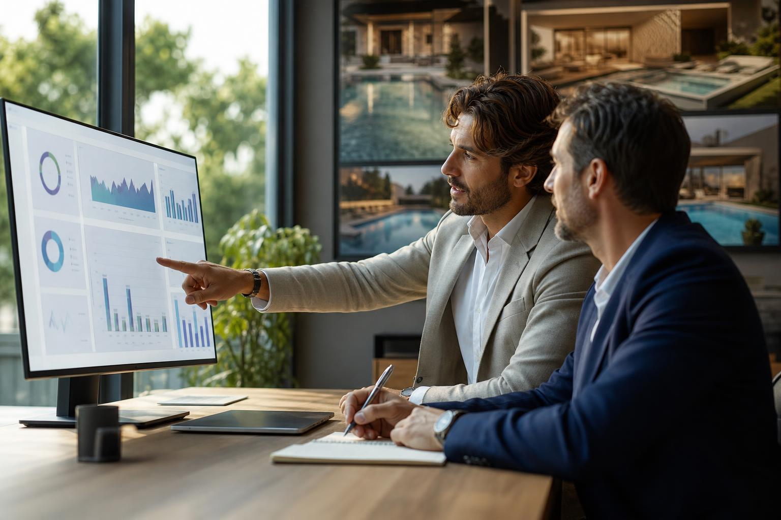 Due imprenditori in affiancamento settimanale con dashboard, pipeline commerciale e progetti di piscine