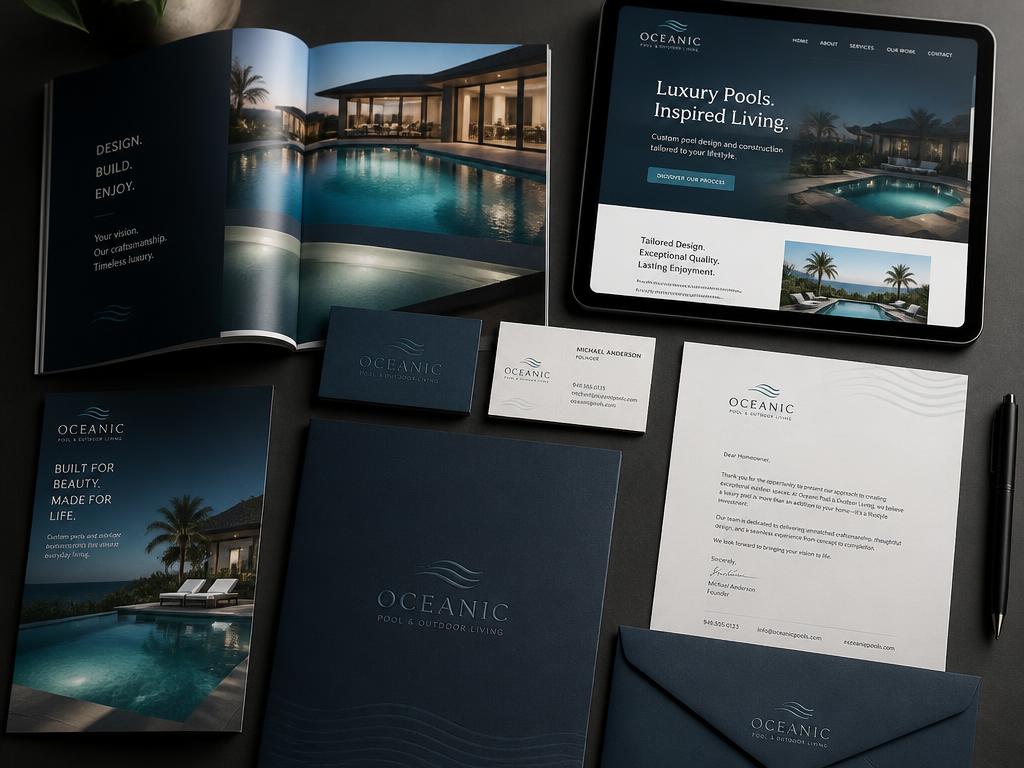 Brochure, biglietti da visita, landing page e materiale promozionale per aziende di piscine